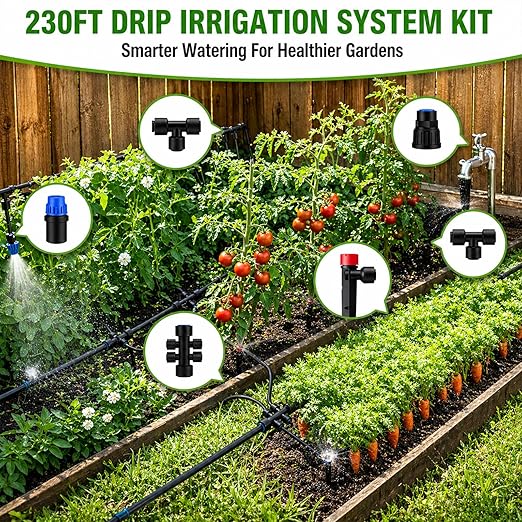 230FT Drip Irrigation System Kit, Quick Push-to-Connect Garden Watering System with 1/2'' & 1/4'' Tubing, Adjustable Drippers & Sprayers, Auto Irrigation System for Raised Bed, Lawn, Greenhouse