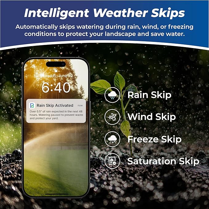 Smart Sprinkler Controller, 6 Zones Wi-Fi Irrigation System, Hyper-Local Weather Intelligence, Automatic Rain Skip, Compatible with Alexa