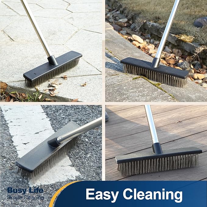 Yocada Stainless Steel Wire Scrub Brush with 65" Long Handle Heavy Duty Outdoor Wire Metal Brush Scrubber Broom for Deck Crack Patio Pavement Sidewalk Driveway Moss Remover