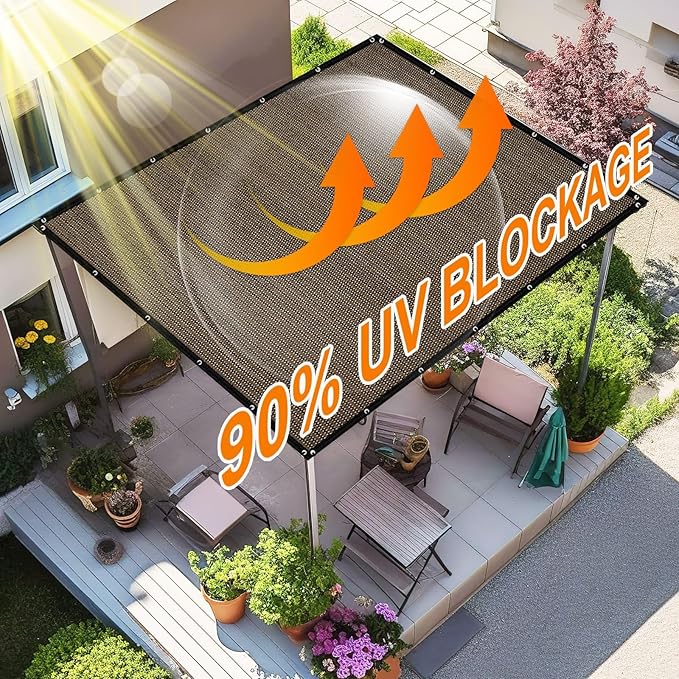 Artpuch 90% Sun Shade Cloth, 10 x 12 FT Pergola Shade Cover Canopy with Grommets, Sun Screen Fabric Tarp for Patio, Outdoor, Garden, Backyard, Mocha