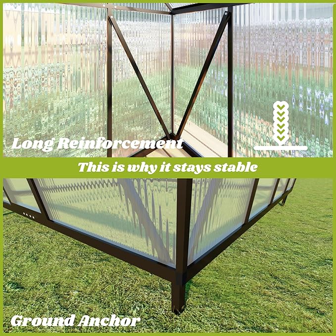 6 x 8 FT Greenhouse for Outdoors, Polycarbonate Greenhouse with Quick Setup Structure and Roof Vent, Aluminum Large Walk-in Green House for Outside Garden Backyard, Charcoal Black