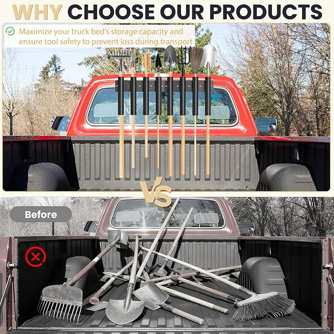 Shovel Holder for Truck - 8-Hole Heavy Duty Steel Tool Organizer - for Bed & Box Mount (Truck Bed Rail or Tool Box) - Also for Workshop and Farm Shed Use - Holds Rakes, Shovels, Hoes