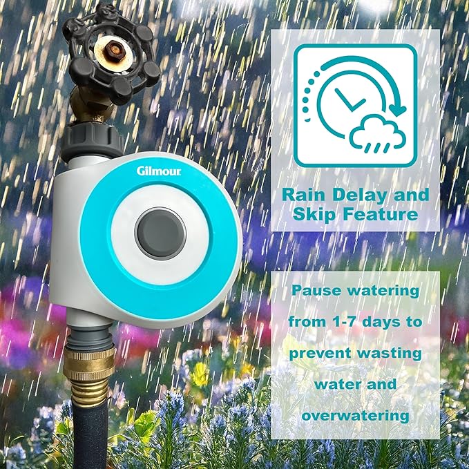 Gilmour Single Outlet Smart Water Timer, WiFi Automatic Watering System, Rain Delay, Battery Operated