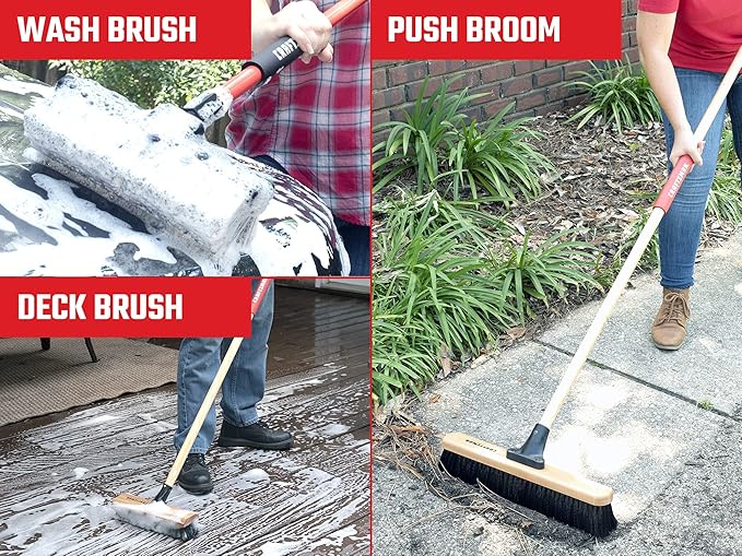 CRAFTSMAN CMXMKIT0080 3-Piece Heavy Duty Cleaning Tool Set with 10 in.All-Surface Wash,12 in. Scrubbing Deck Brush & 18 in. Push Broom, Brown