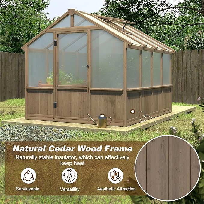Yardenaler 8x8 FT Greenhouse Kit for Outdoor, 6MM Thick Polycarbonate Panel Wooden Walk-in Green House with Lockable Door and Adjustable Roof Vent, Backyard Garden, Light Mocha Brown