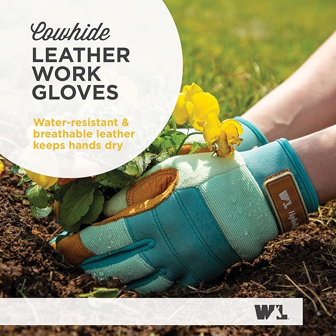 Wells Lamont Women's HydraHyde Leather Hybrid Gloves–Water-Resistant, Durable Cowhide Palm, Spandex Stretch Back–Ideal Landscaping/Gardening Gloves–Adjustable Wrist Medium, Blue (3250M),(Pack of 2)