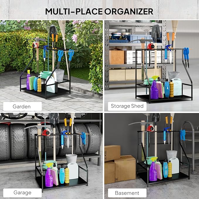 Outsunny Garden Tool Organizer for Garage, 3-Tier Yard Tool Storage Rack with Hooks for Long-Handled, Broom, Shovel, Rake, Metal Garden Tool Storage for Shed, Yard, Garage, Orange