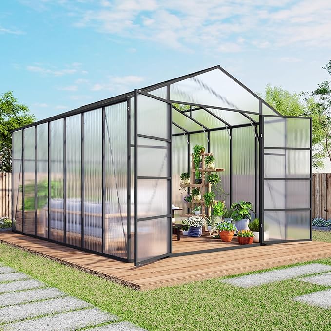 104in High 10x14FT Greenhouse for Outdoors, Polycarbonate Greenhouses with Stronger Wind Protection and Roof Vent, Walk-in Large Aluminum Winter-Proof Sunroom, Black