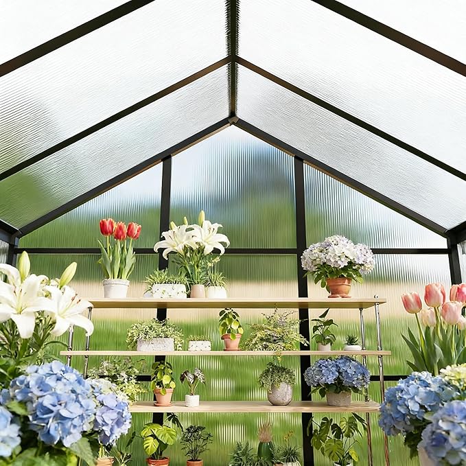 6x6FT Greenhouse for Outdoors, Polycarbonate Greenhouse with Quick Setup Structure and Roof Vent, Aluminum Walk-in Green Houses for Outside Garden Backyard, Charcoal Black