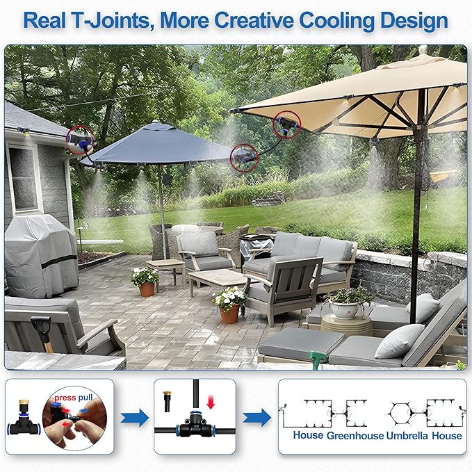 Misters for Outside Patio,Outdoor Water Misting Cooling System,75FT|23M.Backyard Mist Kit for Garden,Greenhouse,Fan,Deck,Umbrella,Canopy,Pool,Porch.Trampoline Sprinkler Park,BBQ Party Accessories