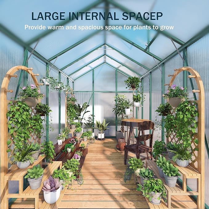 86in High 6*10.2FT Greenhouse for Outdoors, Polycarbonate Greenhouse with Stronger Wind Protection and Roof Vent, Walk-in Large Aluminum Sunroom Winter Proof, Green