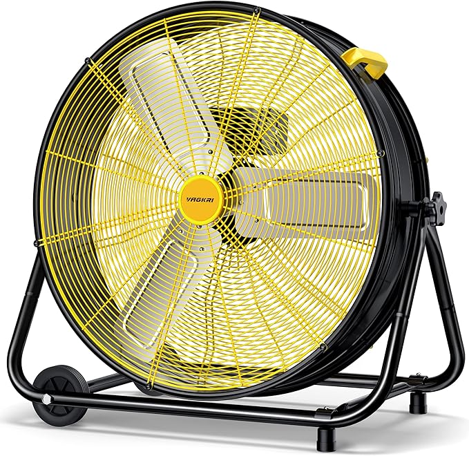 VAGKRI 24 Inch Industrial Drum Fan, 320W High Velocity Floor Fan, 3 Speed Heavy Duty Metal Air Circulator, 360° Tilt with Casters Handle ETL Standard for Patios, Warehouse, Commercial,Basement