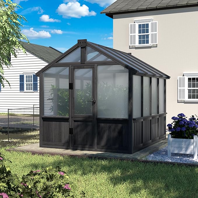 Yardenaler 6x8 FT Outdoor Greenhouse with Thickened Polycarbonate Panel, Wooden Walk-in Green House with Lockable Door and Adjustable Roof Vent, Backyard Garden, Black