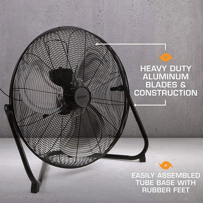Hurricane Pro Heavy-Duty High Velocity Metal Blade Floor Fan w/ 3 Speeds, Black, 20" - Corded Electric Air Cooling Unit w/ 5300 CFM Airflow for Home, Greenhouses, Garages, Gyms & Workshops
