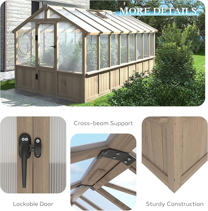 Yardenaler 8x16 FT Greenhouse for Outdoor, 6MM Thick Polycarbonate Panel Wooden Walk-in Green House with Adjustable Roof Vents and Lockable Door, Backyard Garden, Light Mocha Brown