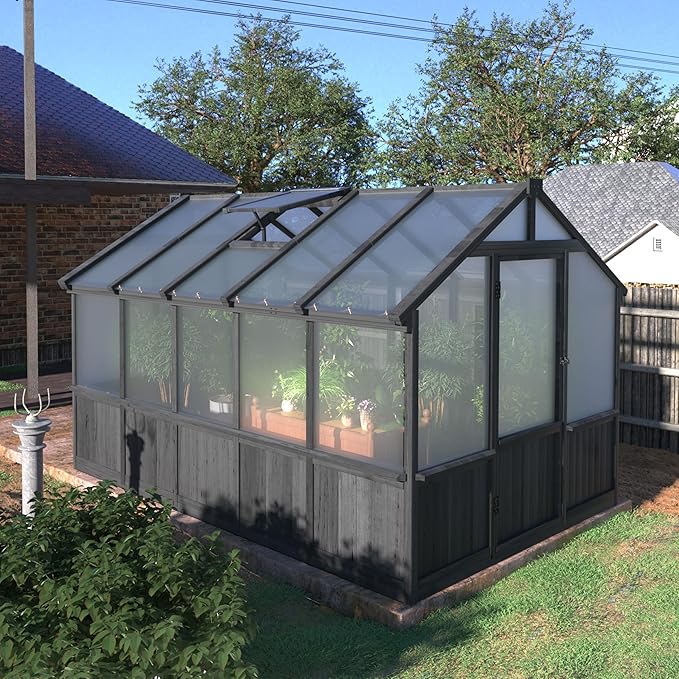 MUPATER 8x10 FT Walk-in Greenhouse Kit Outdoor, Large Wooden Greenhouse with 6mm Polycarbonate Panels, Adjustable Ventilation & Locking Door for Backyard, Patio, Black