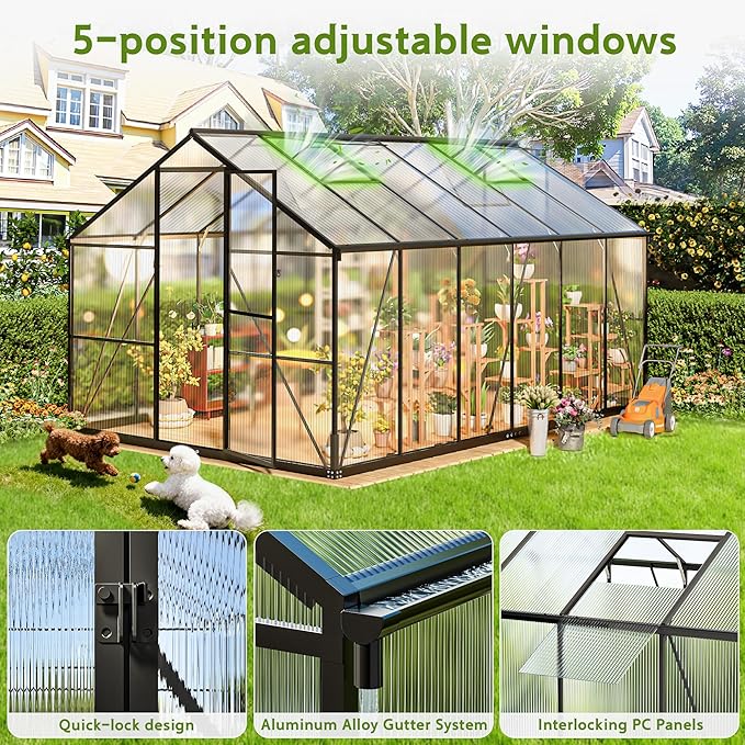 Wanan 8x12FT Greenhouses for Outdoors, Quick Assembly Green House with UV Protection, Heavy Duty Windproof Aluminum Frame, Adjustable Roof Vent for Backyard or Outdoor Garden Use
