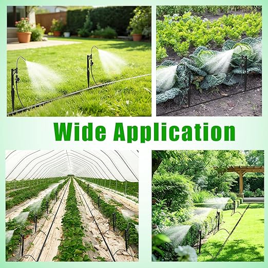 15 Sets 360° Adjustable Irrigation Misting Heads with Stake Micro Spray Emitters with 1/4" Irrigation Tubing on Riser Stake,Automatic Atomizing Sprinkler Stake Assembly for Garden Watering System
