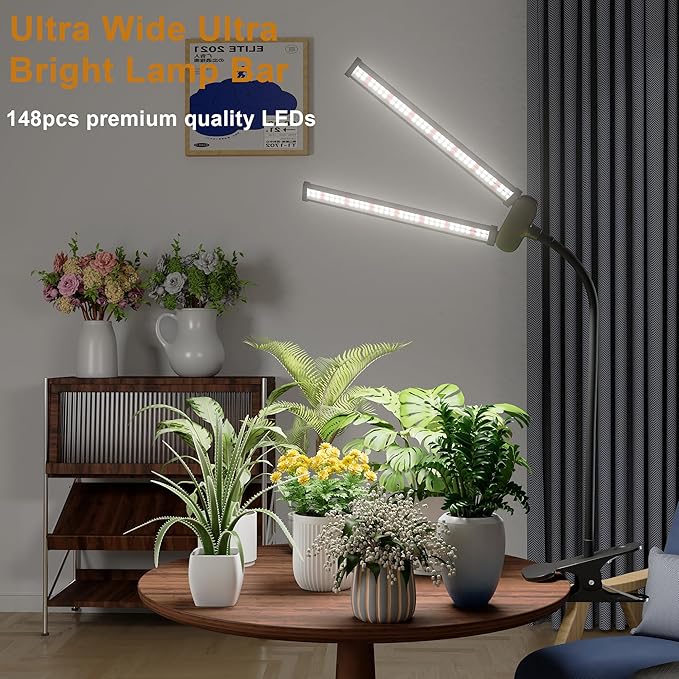 LED Grow Light,Super Bright 6000K White Full Spectrum Clip Plant Growing Lamp with Rotatable Dual Head for Indoor Desk Plants,Dimmable & Timer 4/8/12H,High Power Output for Faster Growth,1-Head