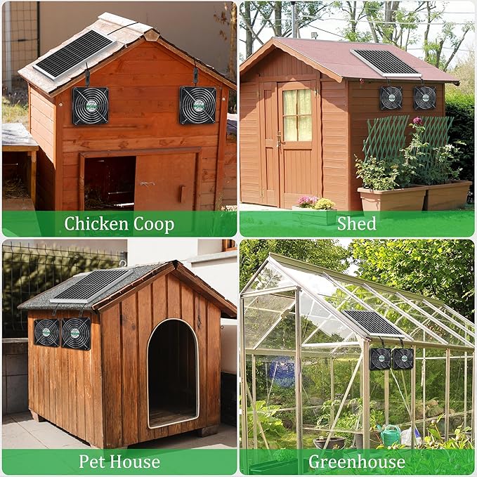 blessny 5.5" Solar 2 Fan Kit for Intake or Exhaust air, Weatherproofed Solar Powered Fans for Outside Chicken Coops, Greenhouses, Shed, Pet House Air Ventilation