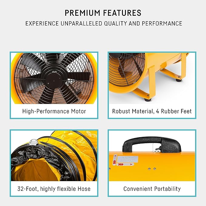 neverest® 12-Inch Industrial Blower Fan, High-Powered 2400 CFM Portable Blower/Exhaust Fan with 32ft Flexible Hose, 7ft Cable/Plug, Heavy-Duty Exhaust Fan for Construction, Workshops