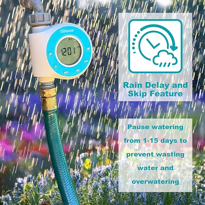 Gilmour Single Outlet Water Timer for Garden Hose, Programmable Automatic Watering System, LCD Screen, Rain Delay, Battery Operated
