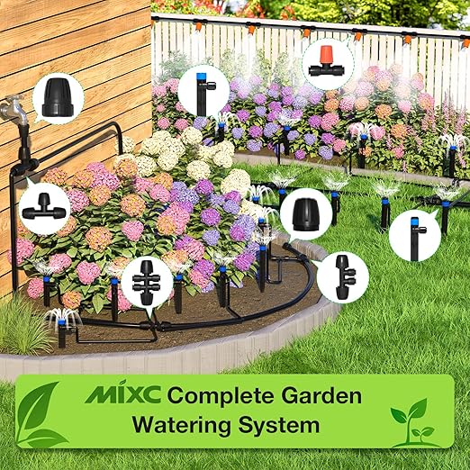 MIXC 250FT Drip Irrigation System Kit, Quick-Connect Garden Misting Watering System with 1/2” 1/4” Tubing Adjustable Nozzles Sprinklers for Indoor Outdoor Garden Potted Plant Lawn Greenhouse