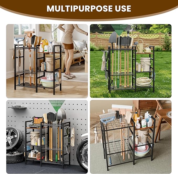 Garden Tool Organizer for Garage,3 Tier Garden Tools Rack with 8 Hooks,Up to 35 Long-Handled Tools/Rakes/Brooms, Heavy Duty Steel Garage Tool Stand for Shed, Outdoor, Black