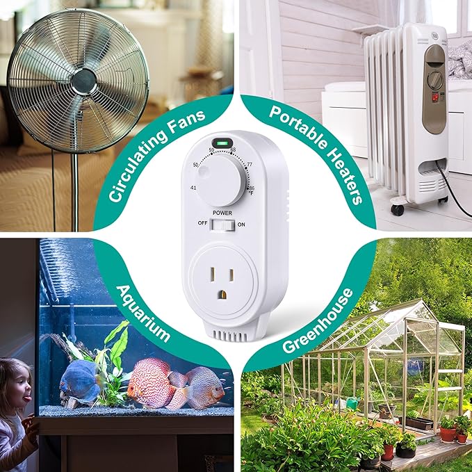 Adjustable Thermostat, Plug in Heating and Cooling Thermostat Controlled Outlet, Compatible with Portable AC, Fans and Space Heaters(1 Pack,White)