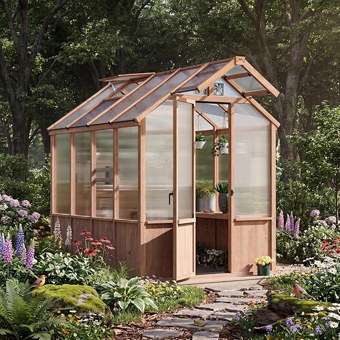 Modern Shade EverBloom 6.5'x8' Wooden Greenhouse, 8' Extra-Tall Cedar Wood Greenhouse with Built-in Outdoor Faucet Kit, Heavy Duty Greenhouse with Built-in Shelving, Power Strip & Ventilation System