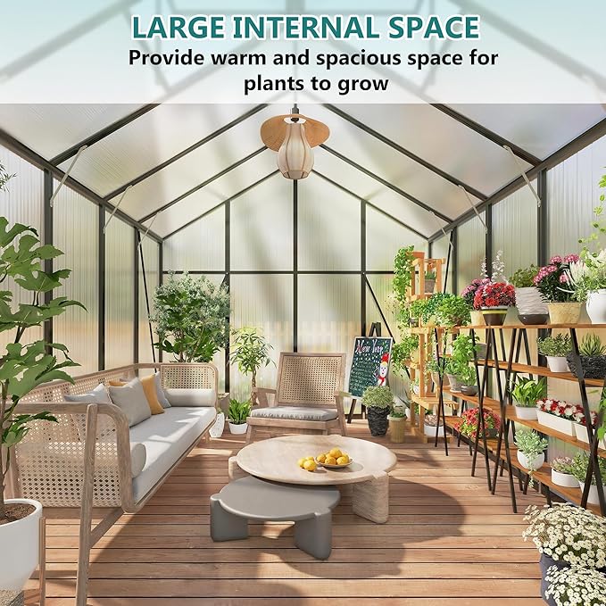 Greenhouse for Outdoors 8x12x7.8FT, Polycarbonate Greenhouse with Stronger Wind Protection and Roof Vent, Walk-in Large Aluminum Sunroom Winter Proof, Black