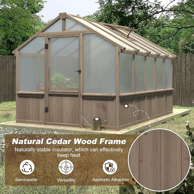 MUPATER 8 x 10FT Wooden Greenhouse with 6mm Polycarbonate Panels for UV Protection and Heat Insulation, Adjustable Ventilated Window & Lockable Door, Walk-in Greenhouse for Outdoors, Patio, Backyard