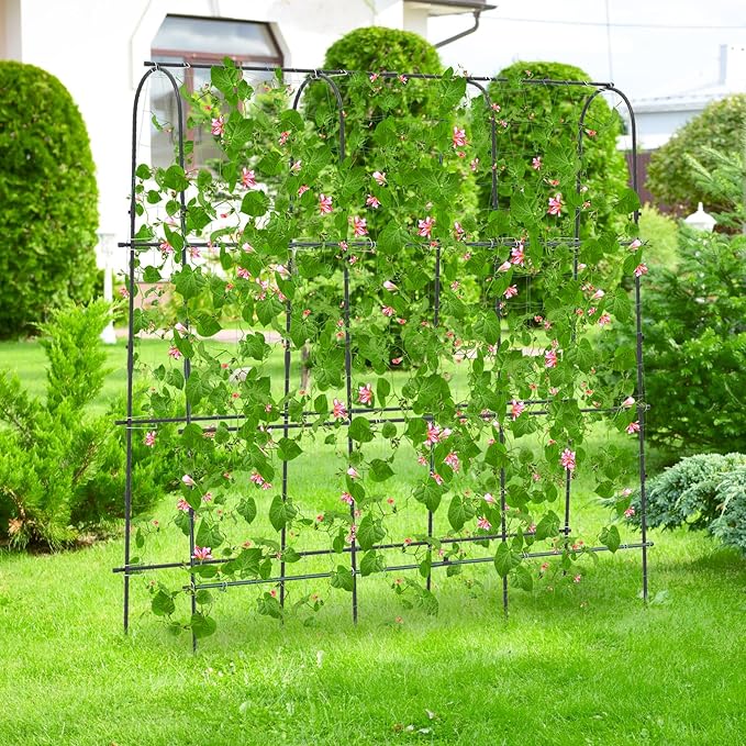 71" x 71" Cucumber Trellis for Raised Bed, Garden Arch Trellis Metal Plant Support Frame with Netting, Sure-Clips & Ground Stakes, U-Shaped Garden Trellis for Climbing Plants Outdoor
