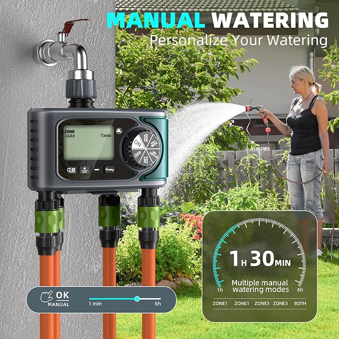 Sprinkler Timer 4 Zone, Programmable Water Timer for Garden Hose with Rain Delay, Manual and Automatic Irrigation Controller System, 4 Outlets Timed Irrigation Controller System for Lawn