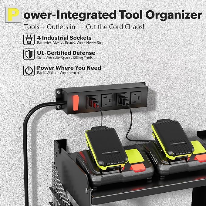 Spampur Power Tool Organizer Wall Mount with Charging Station, 3 Layer Heavy Duty Metal Tool Storage Rack Loads 420lbs with 6 Cordless Drill Holder, Idea Gifts for Men, Garage Workshop