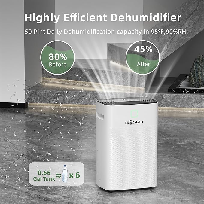 HOGARLABS Smart Dehumidifiers for Home and Basements, with 3 Working Modes, Overflow Protection, Dehumidifier with Drain Hose and Digital Control Panel. (50 Pints for basement)