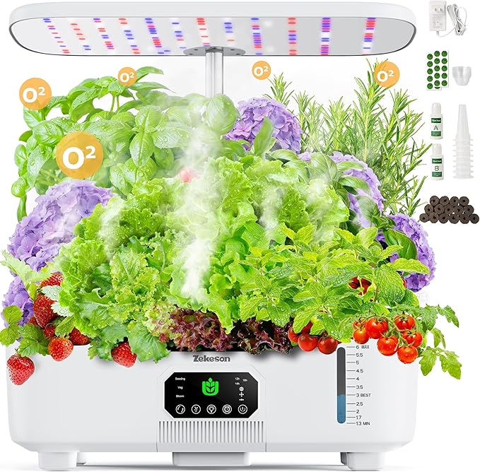 Misting Hydroponic Growing System Kit 15-Pods Indoor Smart Herb Garden Planter with LCD Touch Panel 6L Large Tank for Herb/Vegetables/Flowers/Fruits, Gardening Gifts for Women Men Beginners - White