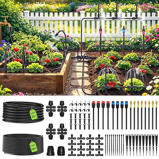 MIXC 2026-Upgrade 360° Adjustable Drip Irrigation System Kit, 133FT Bendable Watering Misting System with 3 Spray Nozzle Types, 1/2" (33FT) & 1/4" (100FT) Tubing for Garden Raised Bed Lawn Greenhouse