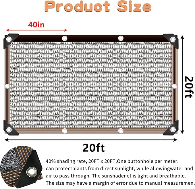 20 x 20 FT Shade Cloth for Plants Greenhouse, 40% Sunblock Shade Sails -for Garden Outdoor Pergola Patio Lawn Plant Kennel Chicken Coop Easier to Hang Net Cover
