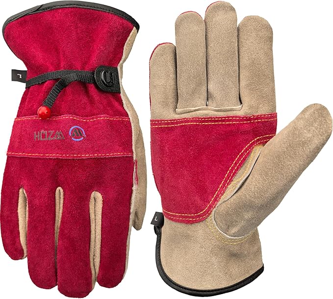 WZQH Leather Work Gloves for Women. X-Large Glove for Gardening, Tig/Mig Welding, Construction, Chainsaw, Farm, Ranch, etc. Cowhide, Cotton Lined, Utility, Firm Grip, Durable. Rose Red - Grey XL