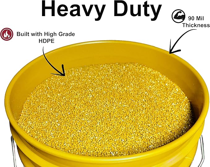 MKS Plastics 5-Gallon Bucket with Airtight Lid – Made in USA, Food Grade BPA Free Plastic, Heavy Duty Multi-Use, Metal Handle with Grip, Stackable Storage – Yellow, 6 Pack