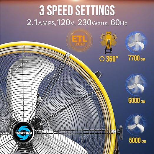 Tornado 24" High Velocity Drum Fan - Heavy Duty Metal Fan for Commercial & Industrial Use, 7700 CFM, 3 Speeds, 1/3 HP, 8 FT Cord, ETL Safety Listed