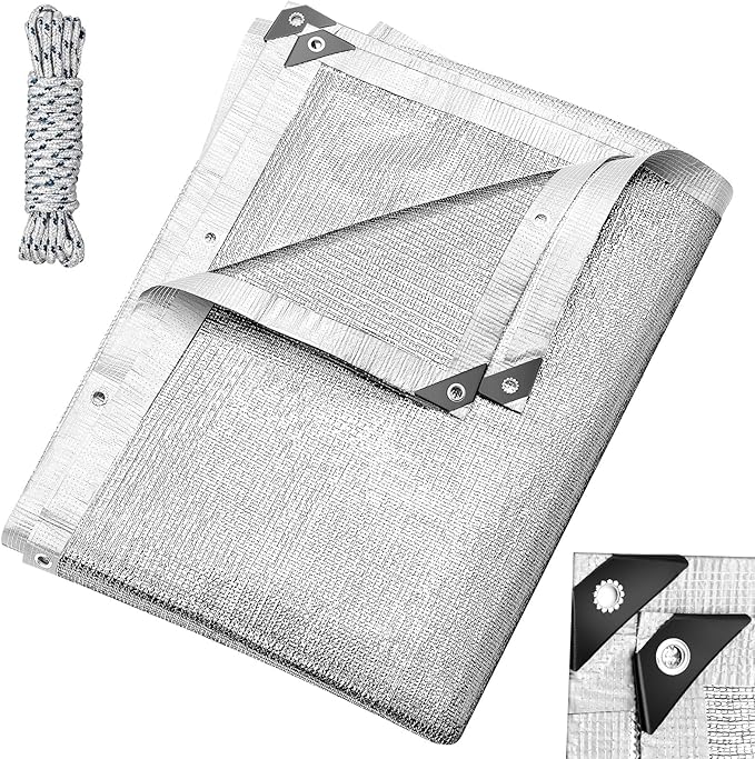 Mindsoft 1 Set Aluminum Shade Cloth 10 x 20 ft Reflective 99% Aluminum Cloth Silver Heat Reflective Tarp for Car Garden Outdoor Pergola Lawn Durable Sunblock Neting Shade Cover with Edge and Hole