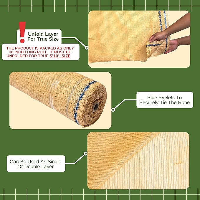 [WindscreenSupplyCo] 60% 5'10'' x 100 FT Eyelets Shade Cloth Roll Sunblock Shade UV Resistant Net for Garden Greenhouse Flower Plant Patio Kennel, Tan - PS6160TAN