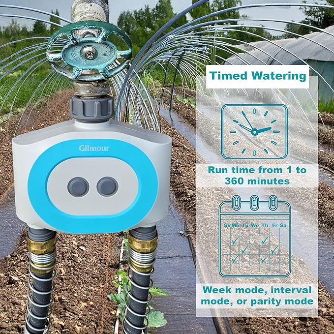 Gilmour Dual Outlet Smart Water Timer, WiFi Automatic Watering System, Rain Delay, Battery Operated, 2 Zone