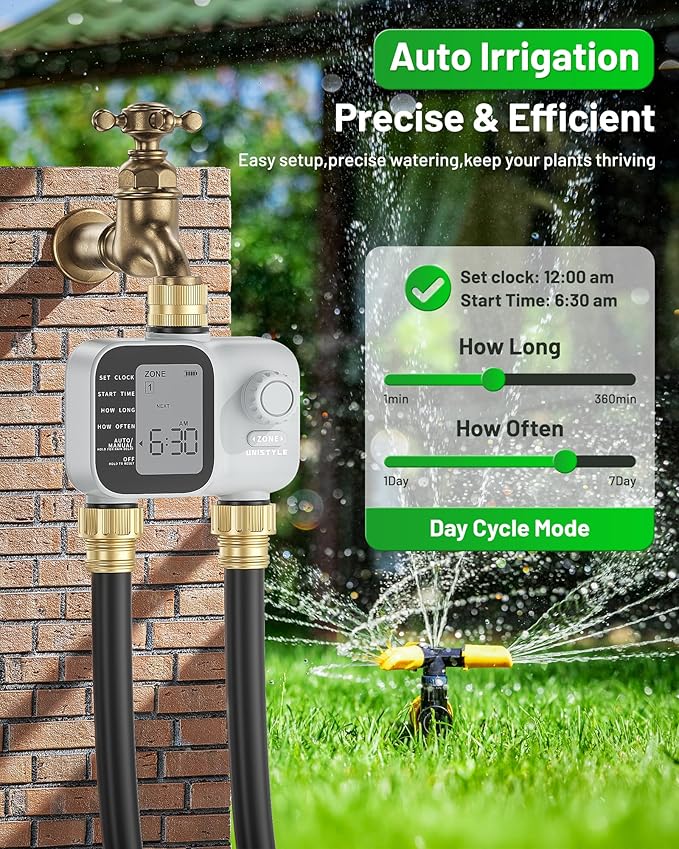 [2026 Upgrade] 2 Zone Sprinkler Timer with Brass Inlets & Outlets, Unistyle Programmable Water Timer for Garden Hose, IP55 Waterproof Hose Timers with Manual Irrigation Timers for Yard and Lawn Patio