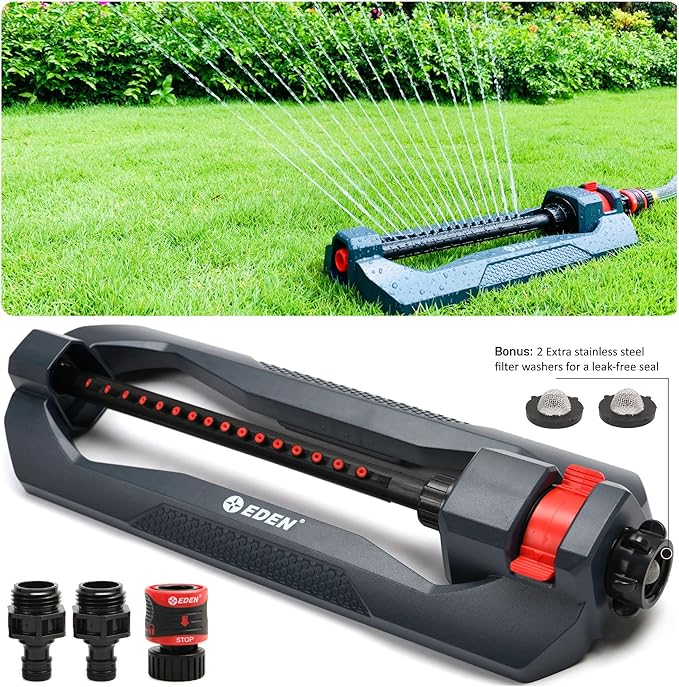 Eden 96213 Essential Turbo Oscillating Water Sprinkler,Covers Up to 3,600 sq. ft.,16 Nozzles,Weighted Base,Adjustable Range,Quick Connect Bundle,Dark Grey,Red,Silver,(Pack of 12)