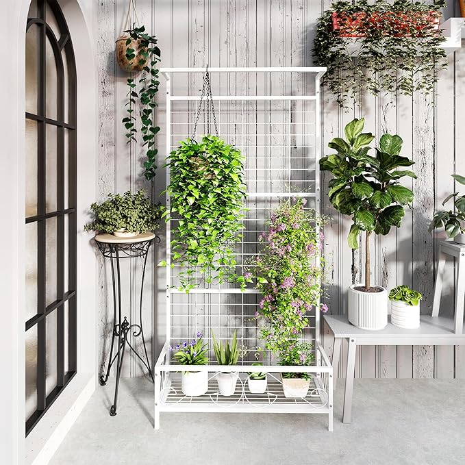 Outsunny Tall Plant Stand with Trellis and Hanging Bar, Metal Plant Holder Flower Stand for Vine Climbing Plants Flowers Indoor Outdoor Use, 36" x 12.8" x 74", White