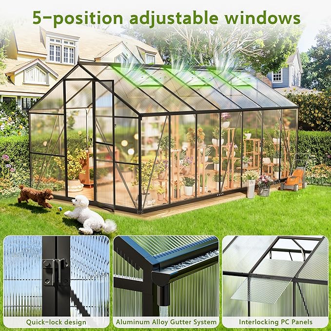 Wanan 8x14FT Greenhouses for Outdoors, Quick Assembly Polycarbonate Green House with UV Protection, Windproof Aluminum Frame Heavy Duty, Adjustable Roof Vent for Backyard or Outdoor Garden Use