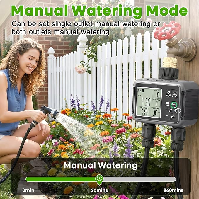 Sprinkler Timer 2 Zone, IPX5 Waterproof Programmable Water Hose Timer with Rain Delay, Child Lock, Manual Watering for Outdoor Automatic Irrigation for Garden, Lawn, Yard (AA Batteries Not Included)